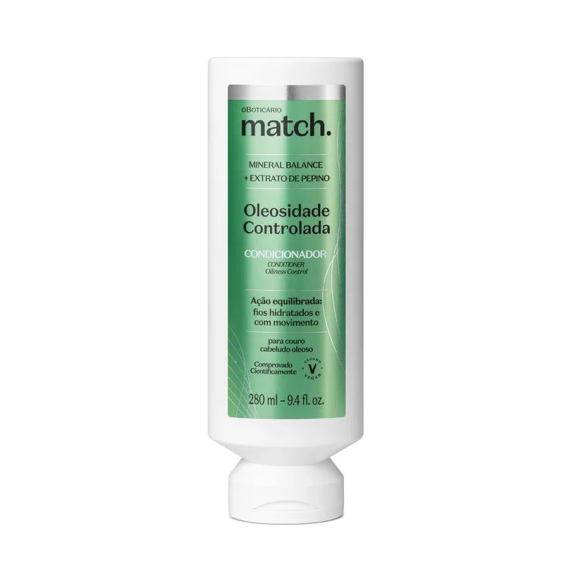 Frasco branco com rótulo verde metalizado e letras pretas e brancas contendo 280ml de condicionador da marca Match Oleosidade Controlada.