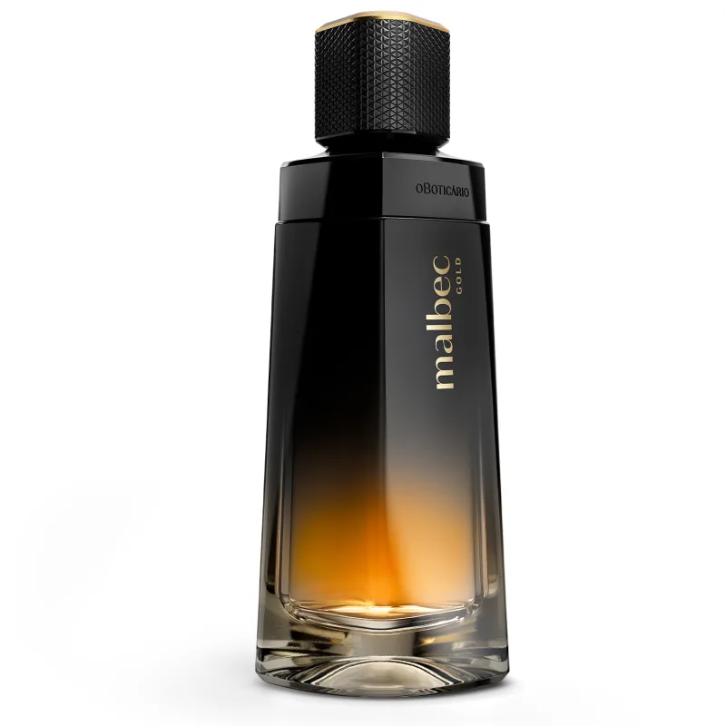 O produto apresentado é uma fragrância Malbec Gold. O frasco é em degradê de preto e dourado, com um design geométrico e tampa texturizada. O nome "Malbec Gold" vem gravado em letras douradas no vidro do produto.