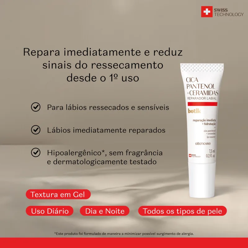 Tubo  branco com detalhe vermelho de reparador labial da marca Botik Cica Pantenol e Ceramidas em primeiro plano, sobre superfície bege com sombras suaves, e texto em letras pretas informando as características e benefícios do produto.