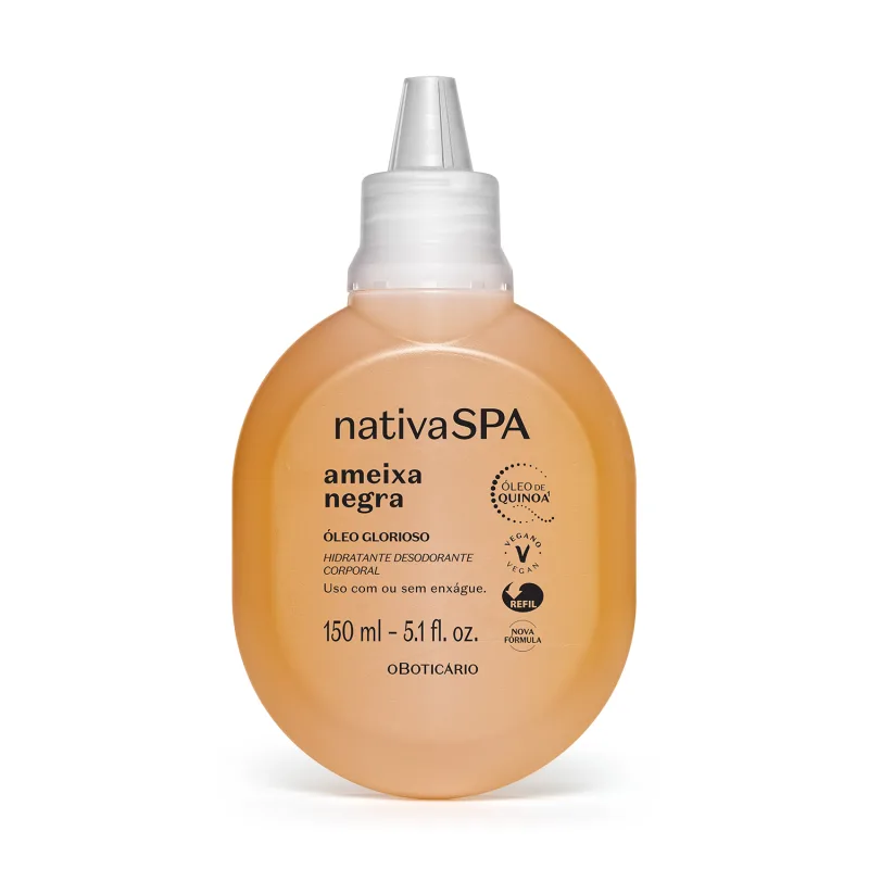 Imagem de uma embalagem refil na cor amarela com tampa branca e letras pretas contendo 150ml de óleo glorioso hidratante desodorante corporal da marca Nativa SPA Ameixa Negra.