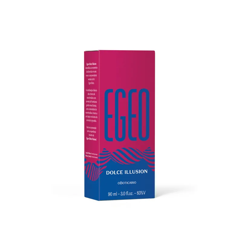 Imagem da caixa do desodorante colônia Egeo Dolce Illusion nas cores azul e rosa, com letras azuis e brancas. A embalagem traz um desodorante colônia de 90ml.