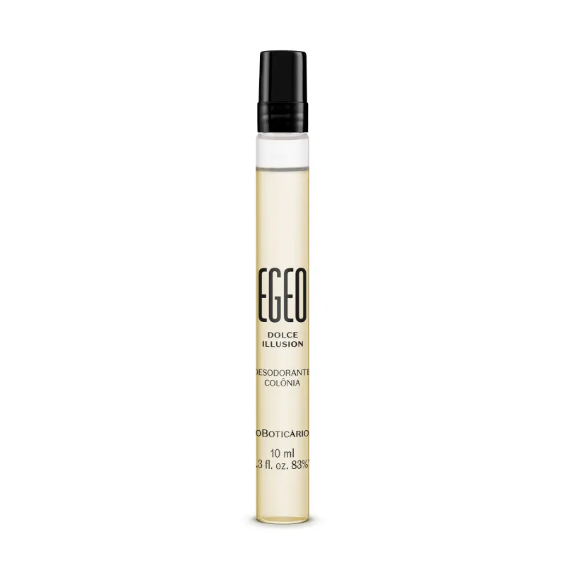 Imagem de um frasco cilíndrico de 10ml contendo desodorante colônia Egeo Dolce Illusion. A embalagem é transparente com líquido claro, e traz tampa e rótulo pretos.