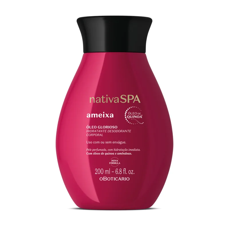 Imagem de um frasco de óleo glorioso hidratante corporal da marca Nativa SPA, na cor vermelha, com rótulo em letras brancas exibindo o nome "Ameixa" e informações sobre o produto.