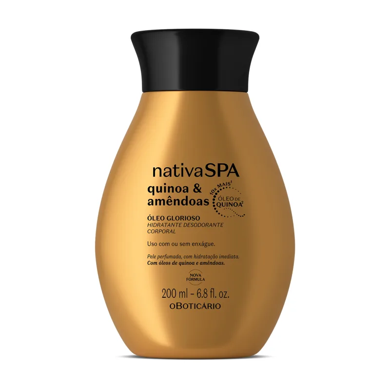 Imagem de um frasco de óleo glorioso hidratante corporal da marca Nativa SPA, na cor dourada, com rótulo em letras pretas exibindo o nome "Quinoa e Amêndoas" e informações sobre o produto.