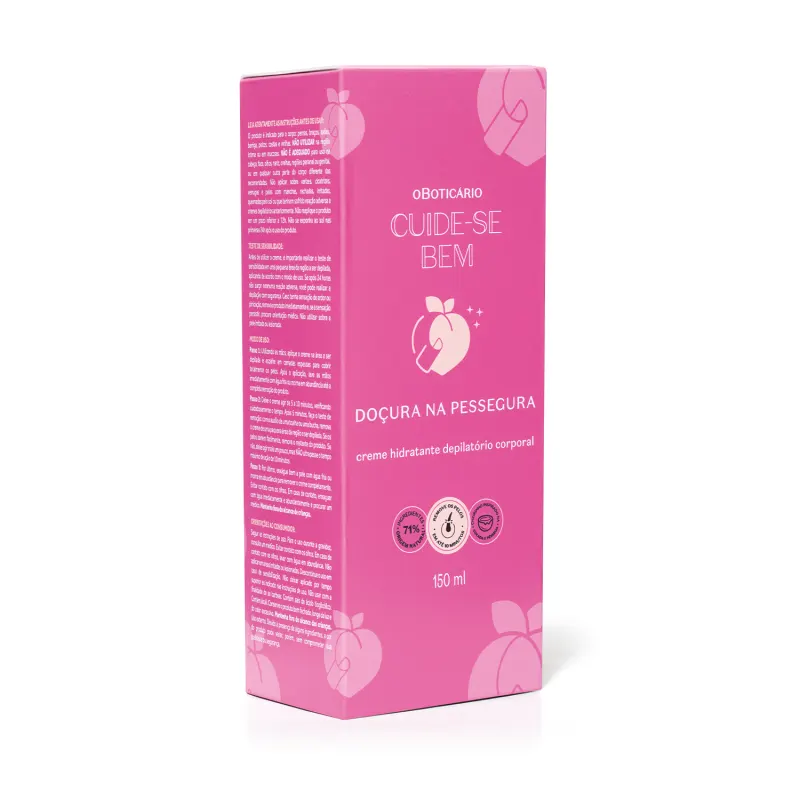 Caixa pink de creme hidratante depilatório corporal da marca Cuide-se bem Doçura na Pessegura com ilustrações de frutas.