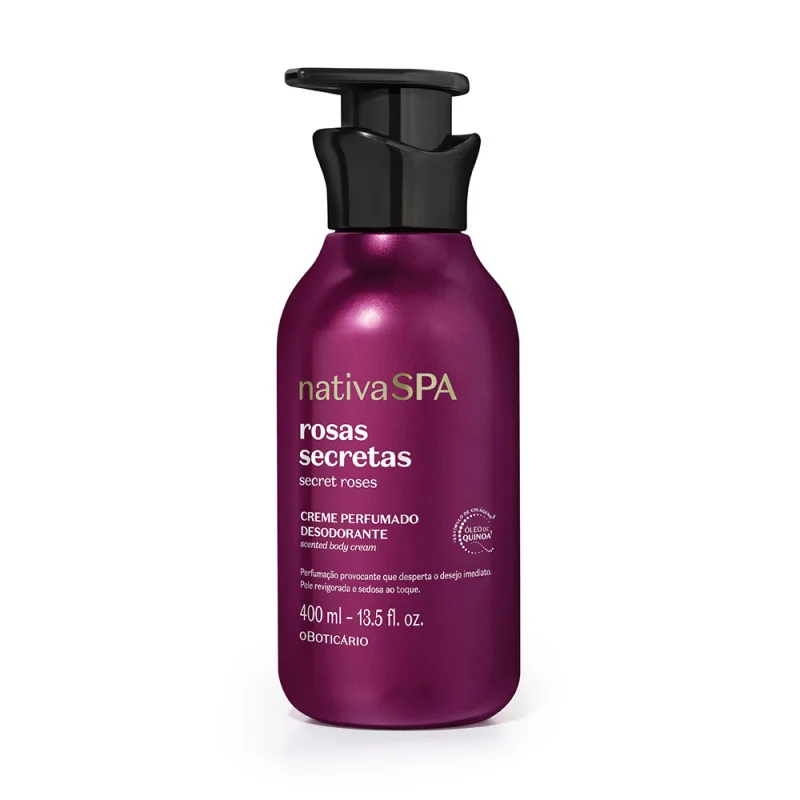 Frasco de creme perfumado desodorante da marca Nativa SPA, com rótulo em tom roxo e dourado, indicando o produto "Rosas Secretas". O frasco possui um design moderno com um dispensador preto na parte superior.