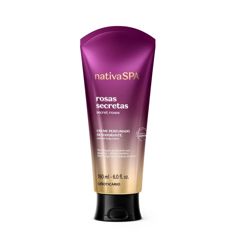 A imagem mostra uma bisnaga de creme corporal Nativa SPA Rosas Secretas. A embalagem traz um degradê que vai do roxo para o branco, tampa preta e as informações estão impressas em dourado, branco e preto.