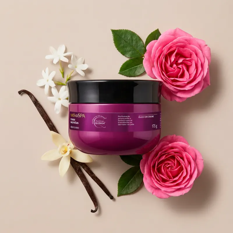 Ambiente de spa com produto de beleza da marca Nativa SPA, composto por creme em embalagem roxa, rodeado por rosas rosas e flores brancas, em um cenário com tons neutros e naturais, sugerindo uma experiência de relaxamento e cuidados com a pele.