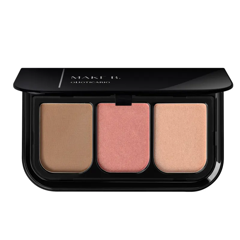 Imagem da paleta de maquiagem Make B. Pink Hit com três tons de blush compacto em cores bege, rosa e dourado, em embalagem preta com logotipo da marca.