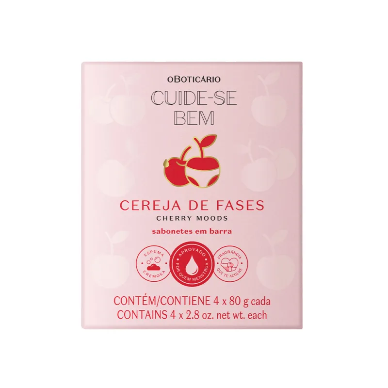 Imagem de caixa de papelão rosa com imagem de cerejas vermelhas e texto "Cuide-se Bem Cereja de Fases". Contém quatro barras de sabonete de cereja, com informações sobre espuma, aprovação e fragrância.