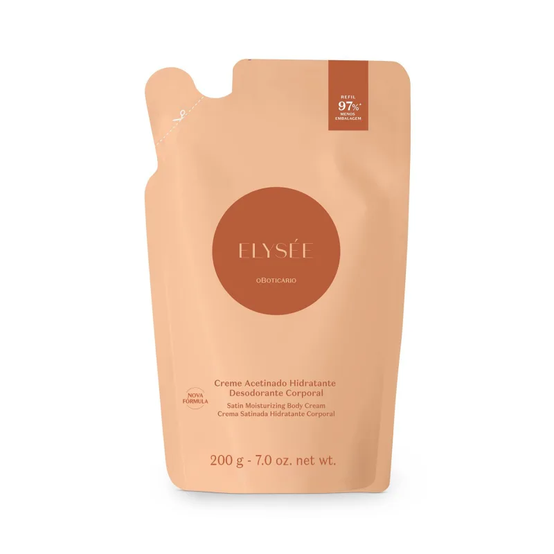 Imagem de um refil de creme hidratante desodorante corporal da marca Elysée, em embalagem de sachê com predomínio de tons de laranja e marrom, contendo informações sobre a fórmula e o volume do produto.
