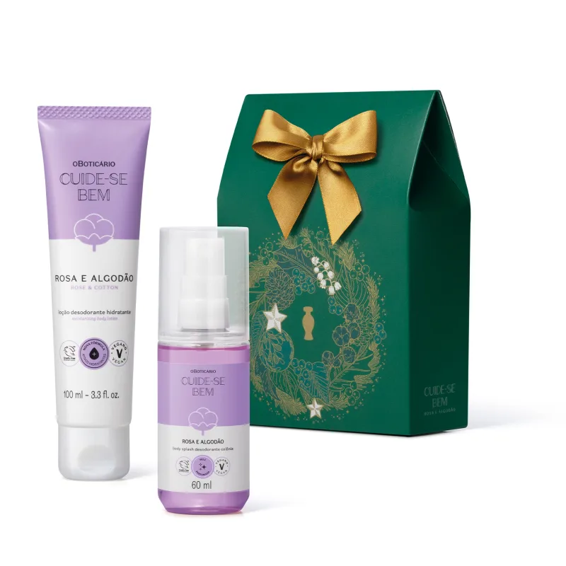 Conjunto de produtos de beleza da marca Cuide-se Bem, incluindo um desodorante hidratante em tubo de 100 ml na cor lilás e um frasco de 60 ml do mesmo produto, embalados em uma caixa verde com laço dourado e decoração floral.