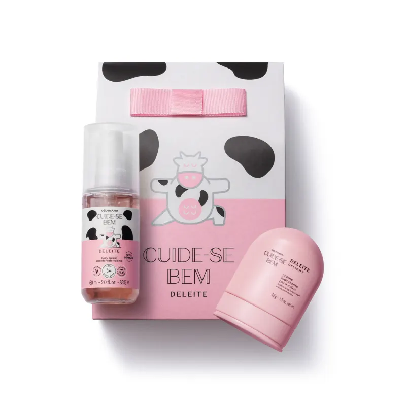 Imagem de um tubo compacto de creme para as mãos, frasco com líquido rosa de body splash e sacola de presente. Todos da linha Cuide-se Bem Deleite em tons de rosa, preto e branco com ilustração de vaquinha.
