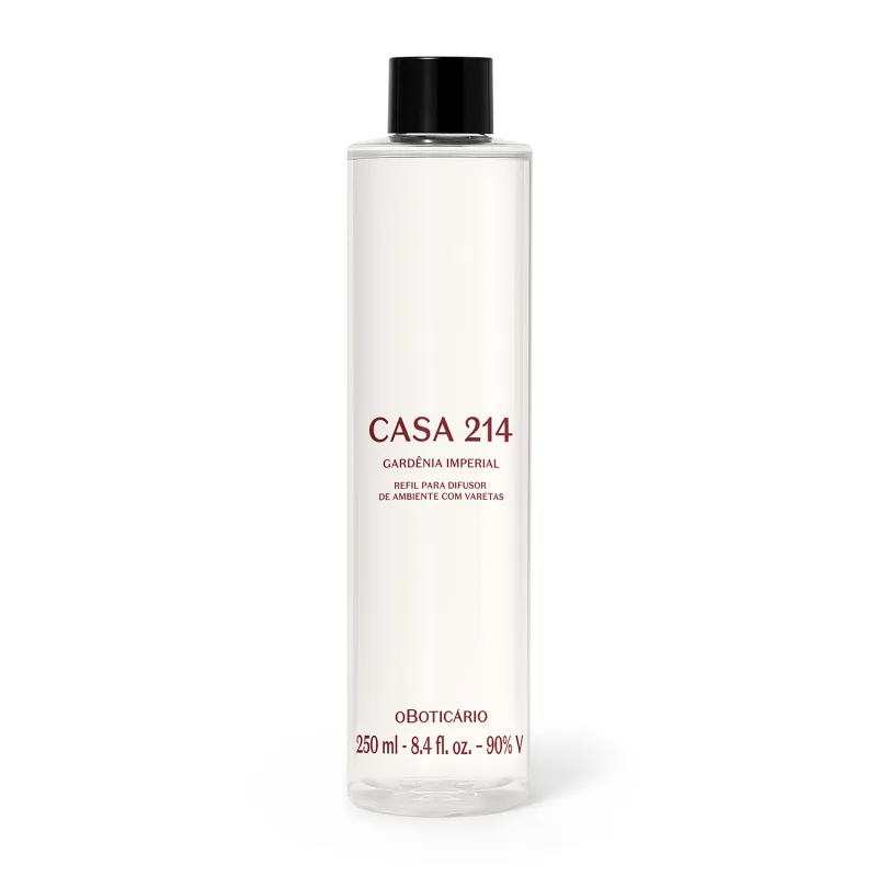 Imagem de um frasco transparente, tampa preta e rótulo com texto "CASA 214 GARDÊNIA IMPERIAL" em marrom, contendo 250 ml de fragrância para difusor de ambiente.
