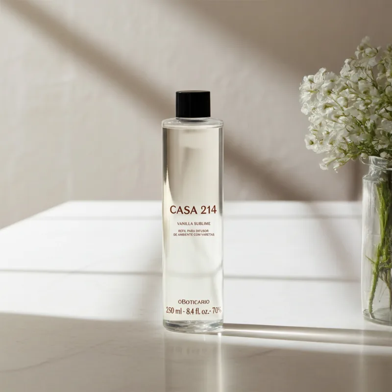 Imagem de um frasco refil com a fragrância Vanilla Sublime para difusor de ambiente da marca Casa 214 em embalagem transparente e tampa preta, posicionado sobre superfície clara com vaso de flores brancas ao fundo.