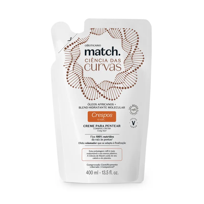 Imagem de embalagem refil branca de creme para pentear da marca Match, com design de círculos e linhas em marrom, informando "Ciência das Curvas" e "Crespos 4ABC" no rótulo.