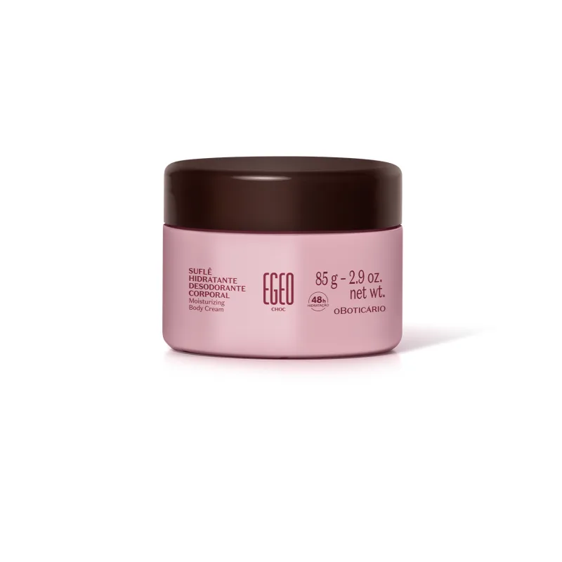 Imagem de um pote rosa com tampa e informações no rótulo na cor vinho contendo 85g de suflê hidratante corporal da marca Egeo Choc.