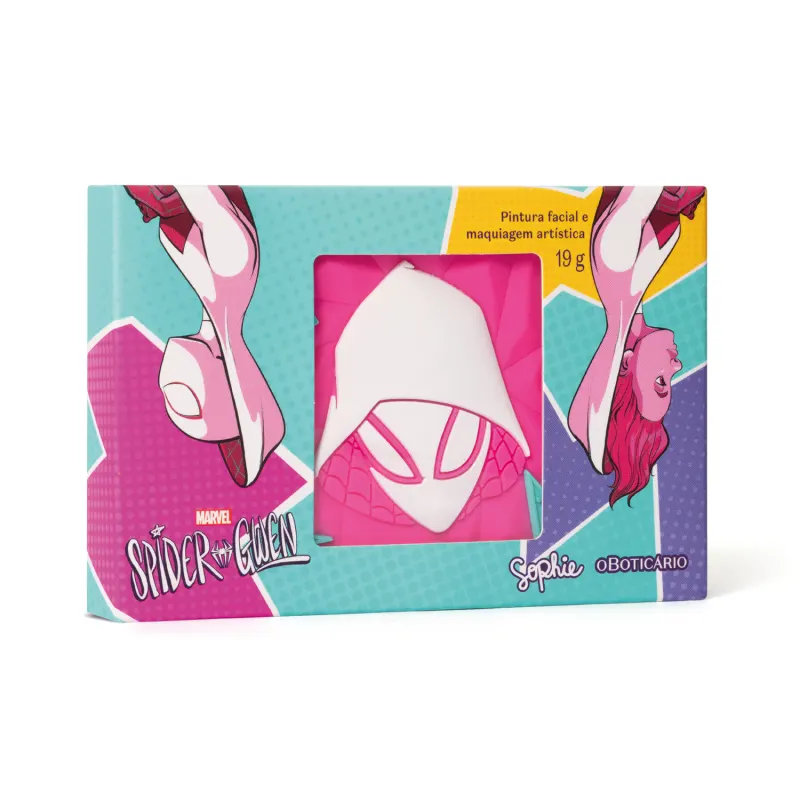 Caixa de maquiagem multifuncional da marca Sophie Marvel Spider-Gwen, com embalagem predominantemente rosa e azul com detalhes em roxo e amarelo e ilustrações da personagem em estilo de quadrinhos.