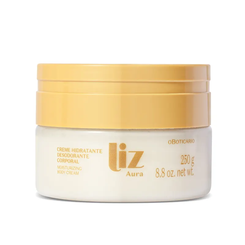 Pote transparente de creme hidratante corporal da marca Liz Aura, com creme branco, tampa dourada e rótulo em dourado, contendo 250g do produto.