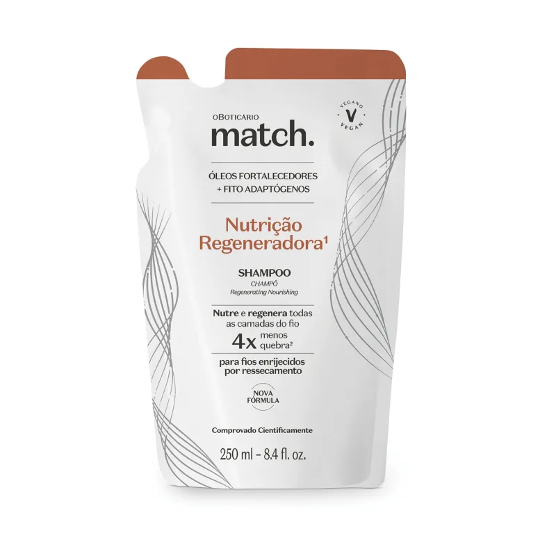 Imagem de um refil de shampoo da marca Match. Nutrição Regeneradora. A embalagem em forma de sachê é na cor branca com detalhes laranja e letras pretas, trazendo 250ml de produto.