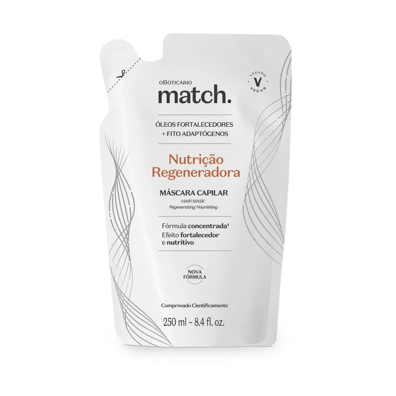 Imagem de um refil de máscara capilar da marca Match. Nutrição Regeneradora, em formato de sachê branco com detalhes em preto, contendo informações sobre nutrição regeneradora e fórmula concentrada para fortalecimento e nutrição dos cabelos.