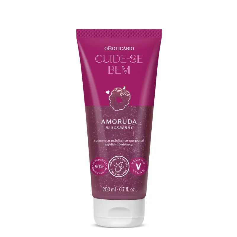 Frasco roxo com ilustração de amora e tampa roxa contendo 200ml de loção hidratante corporal da marca Cuide-se Bem Amoruda.