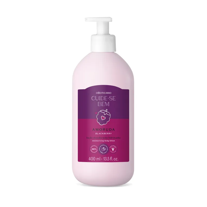 Frasco branco e rótulo roxo com ilustração de amora contendo 400ml de loção hidratante corporal da marca Cuide-se Bem Amoruda.