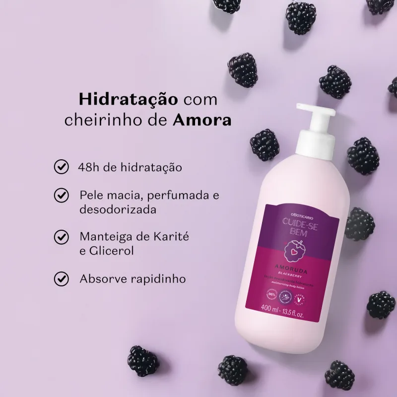 Frasco branco de loção hidratante corporal da marca Cuide-se bem Amoruda, com rótulo roxo contendo amoras ilustradas. A embalagem está em fundo lilás claro e há letras pretas informando os benefícios do produto.