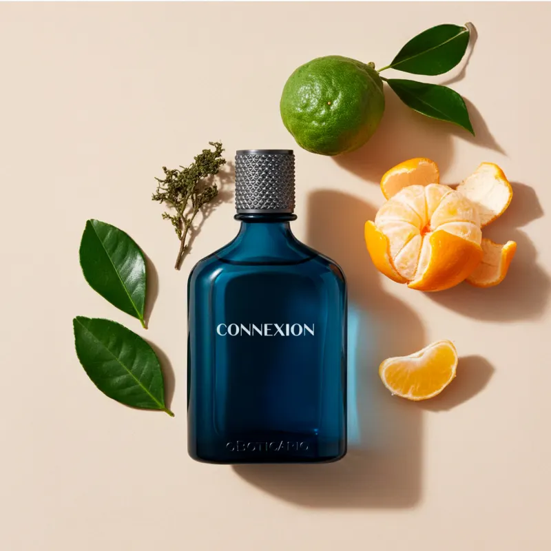 Imagem de um frasco azul-marinho de desodorante colônia da marca Boticollection Connexion em fundo bege, com folhas verdes e bergamotas abertas e fechadas ao redor, criando um cenário natural e aromático.