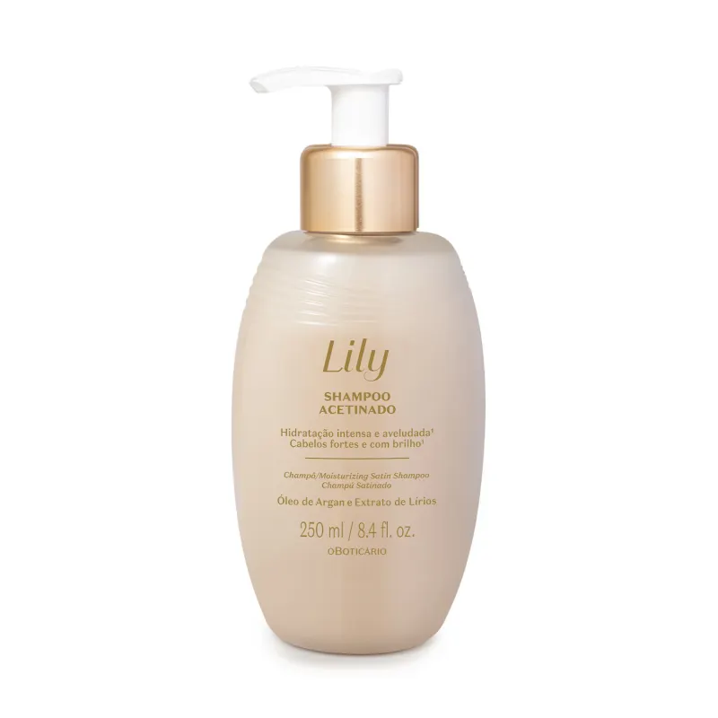 Imagem de frasco de shampoo da marca Lily com embalagem em tons de bege e dourado, com bomba doseadora branca e texto em português informando tratar-se de um shampoo hidratante com óleo de argan e extrato de lírios.