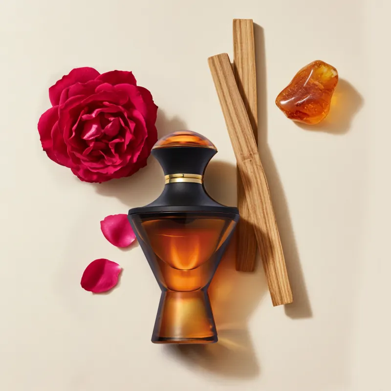 Imagem de um vidro preto e dourado de Eau de Parfum da marca Hadiya rodeado por uma rosa vermelha, cristal âmbar e varetas de madeira sobre superfície bege.