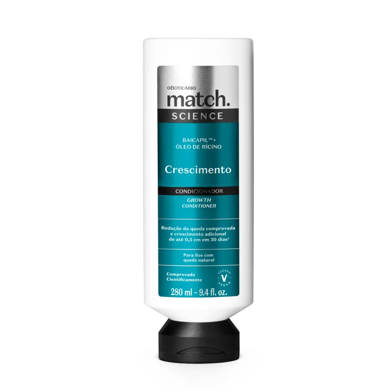 Frasco de condicionador branco com tampa preta e rótulo azul da marca Match Science Crescimento, com texto escrito em branco contendo informações sobre benefícios do produto, volumetria de 250ml e instruções de uso.