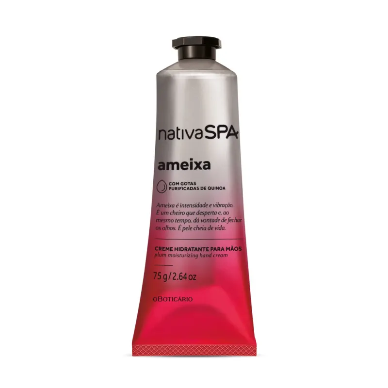 Imagem do tubo de creme hidratante para mãos da marca Nativa SPA Ameixa, em embalagem de bisnaga de 75g. Possui rótulo em tons de rosa e prateado, contendo informações sobre o produto em letras pretas e tampa preta.