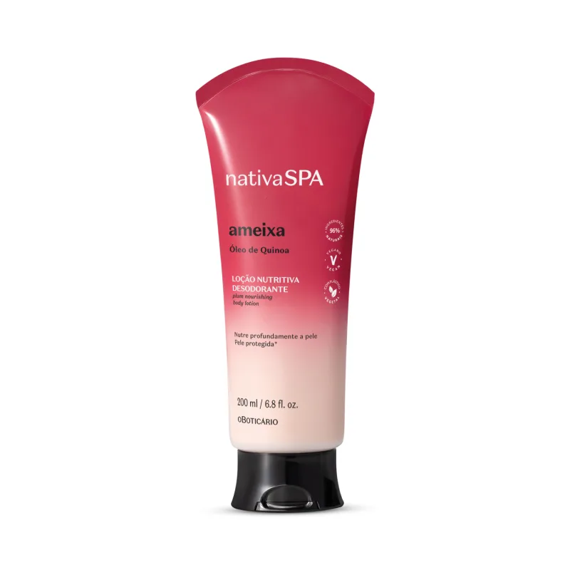 Frasco plástico em degradê de rosa para o branco e tampa preta da marca Nativa SPA Ameixa contendo texto "Óleo de Quinoa" e informações sobre loção nutritiva desodorante para o corpo.