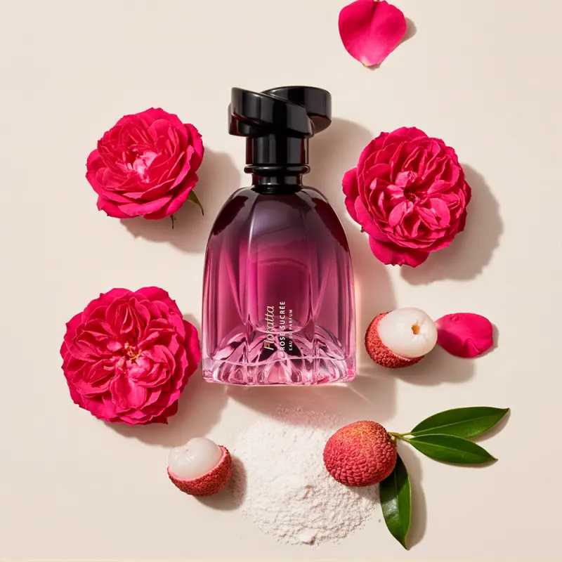A imagem mostra um frasco de item de perfumaria Floratta Rose Sucrée em tom de roxo, rodeado por pétalas de rosas vermelhas, frutas lichia e folhas verdes sobre superfície clara.