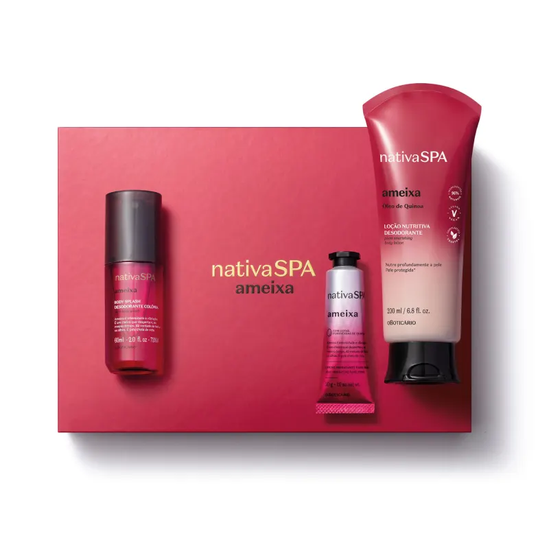 Imagem de produtos da marca Nativa SPA Ameixa, incluindo loção hidratante, body splash, creme para as mãos e caixa rosa, todos com predominância das cores rosa vibrante, branco e prata, com textos e logotipos visíveis.