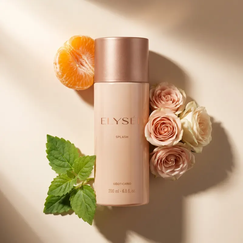 Ambiente de beleza elegante e refinado, com frasco da marca Elysée, rodeado por flores rosas, folhas verdes e uma fatia de laranja, em tons neutros e suaves, sugerindo um contexto de cuidados pessoais e relaxamento.
