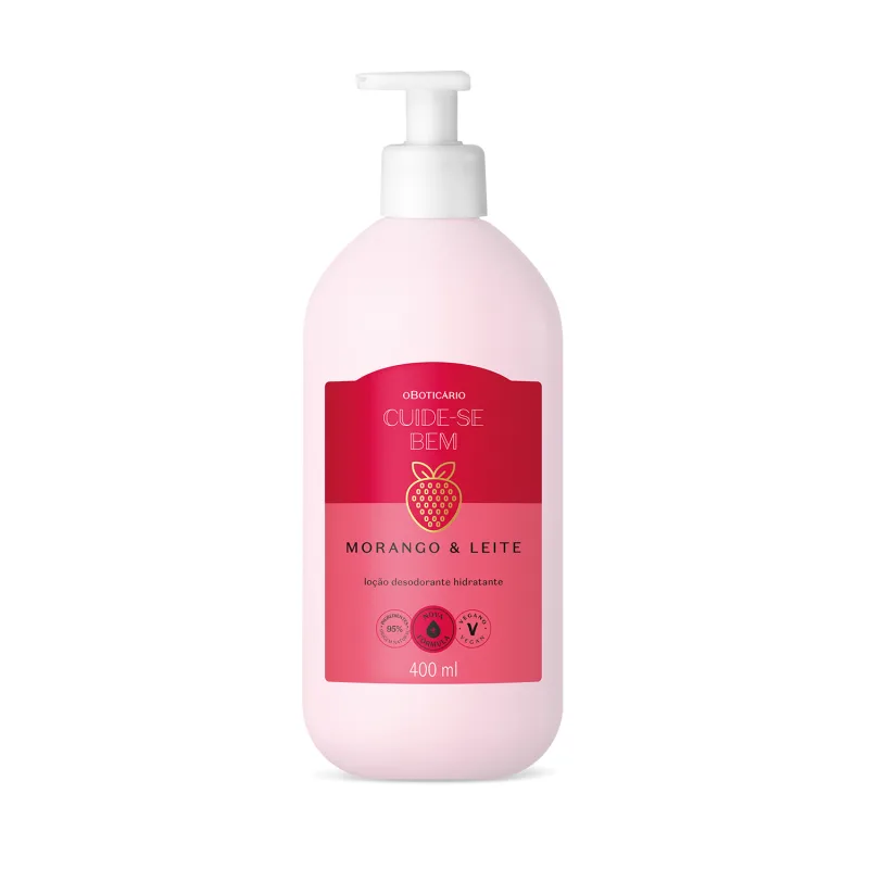 Imagem de frasco branco de loção desodorante hidratante da marca Cuide-se bem Morango e Leite, com rótulo rosa e vermelho com ilustração de morango. 