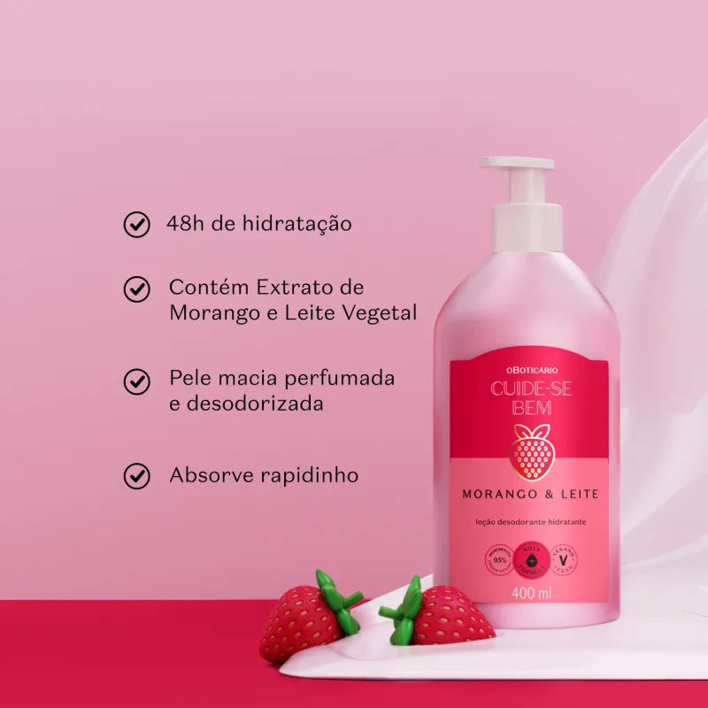 Imagem de embalagem de loção desodorante hidratante da marca Cuide-se bem Morango e Leite, com extrato de morango e leite vegetal, sobre fundo rosa claro com morangos vermelhos. Há texto informando as características e benefícios do produto.