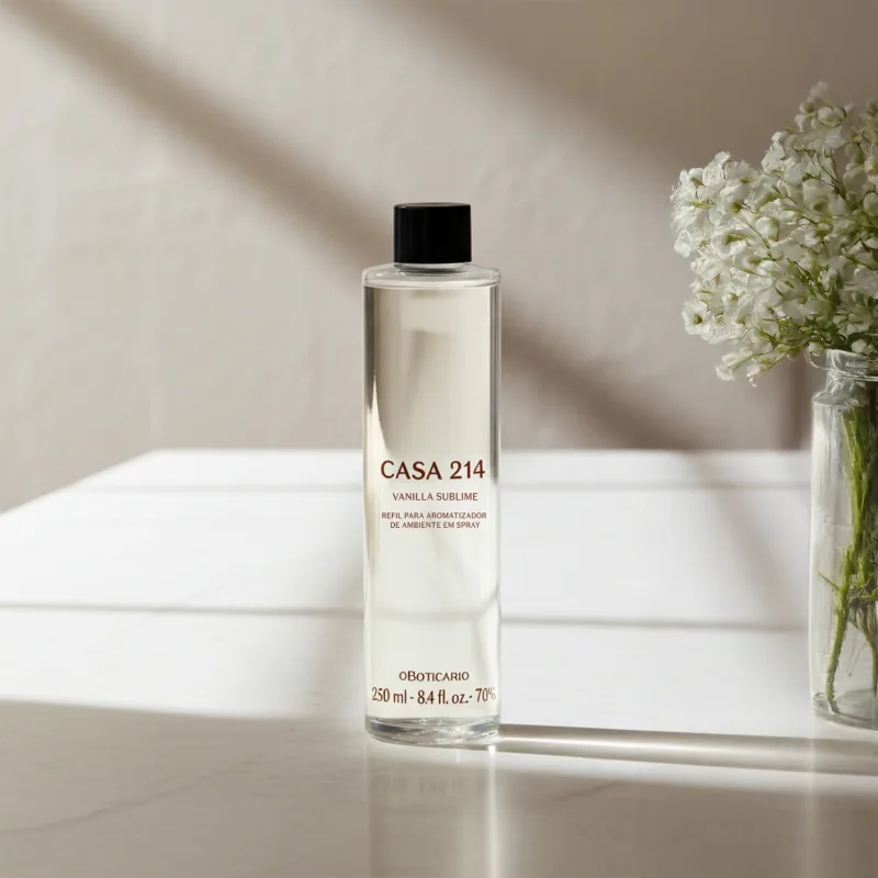 Imagem de um frasco refil com a fragrância Vanilla Sublime para difusor de ambiente da marca Casa 214 em embalagem transparente e tampa preta, posicionado sobre superfície clara com vaso de flores brancas ao fundo.