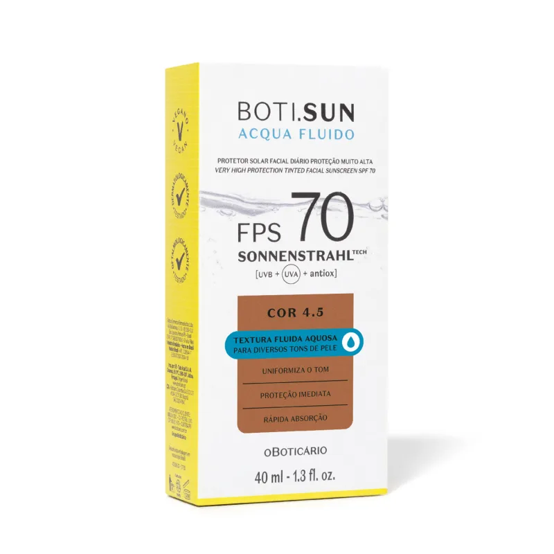 Embalagem de papelão em formato retangular de protetor solar facial fluido da marca Boti Sun nas cores branca e amarela e retângulo marrom, indicando que o produto tem cor, além rótulo com informações sobre FPS 70 e textura fluida aquosa.