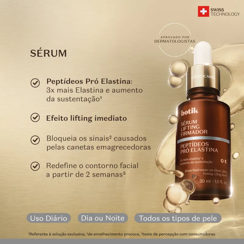 Frasco de vidro com conta-gotas contendo sérum lifting firmador da marca Botik, com informações sobre seus benefícios de elasticidade, lifting imediato e redefinição do contorno facial.