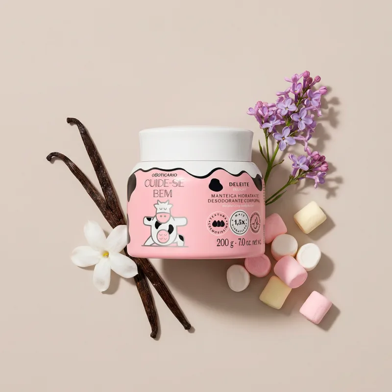 A imagem mostra o recipiente branco de manteiga corporal Cuide-se Bem Deleite com rótulo rosa e ilustração de vaca. Ao redor, flores, favas de baunilha e marshmallows em fundo bege claro, sugerindo doçura e aconchego.