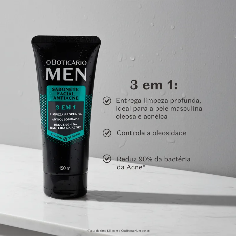 Imagem da embalagem do sabonete líquido facial Men  ambientado em cima de uma mesa de mármore, ao lado, os benefícios descritos do produto como um 3 em 1, com limpeza profunda e redução da acne.
