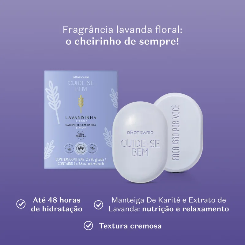 Embalagem de sabonete em barra com fragrância de lavanda, da marca Cuide-se bem, contendo 2 unidades de 80g cada, com manteiga de karité e extrato de lavanda para nutrição e relaxamento, e textura cremosa.