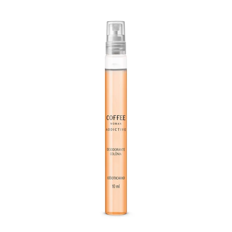 Imagem de um frasco cilíndrico transparente contendo o desodorante colônia Coffee Woman Addicted de tonalidade rosa clara. A embalagem possui borrifador prateado e 10ml de produto.