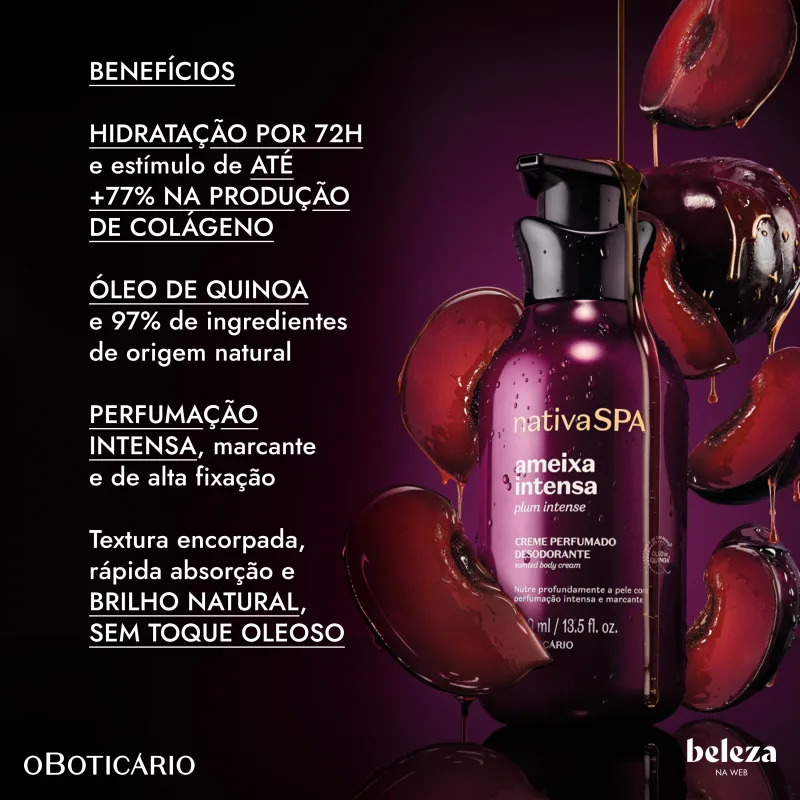 Frasco de creme perfumado desodorante da linha Ameixa Intensa da Nativa SPA, com informações sobre benefícios de hidratação, produção de colágeno e ingredientes naturais.