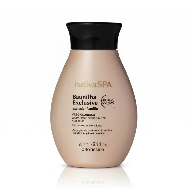 Frasco de item de cuidados com o corpo da marca Nativa SPA Baunilha Exclusive, com embalagem rosa clara e tampa preta, contendo texto "Baunilha Exclusive" e "Óleo Glorioso Hidratante Desodorante Corporal" também em preto.