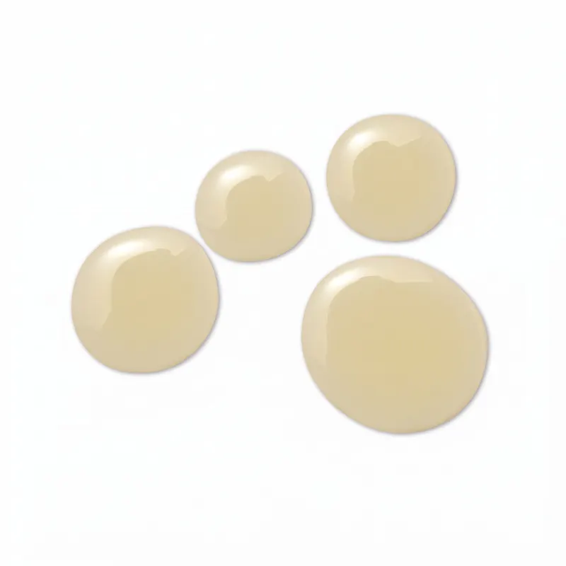 Quatro gotas de produto de produto com textura em óleo de cor bege sobre superfície branca.
