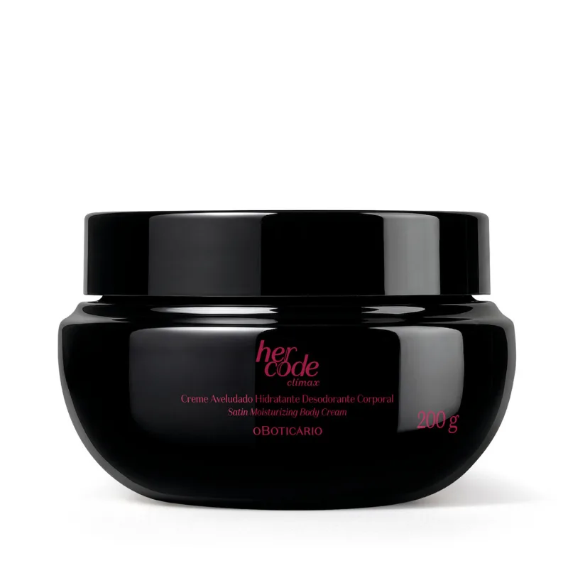 Pote preto de creme hidratante corporal da marca Her Code, com rótulo na cor rosa, contendo 200 g do produto.